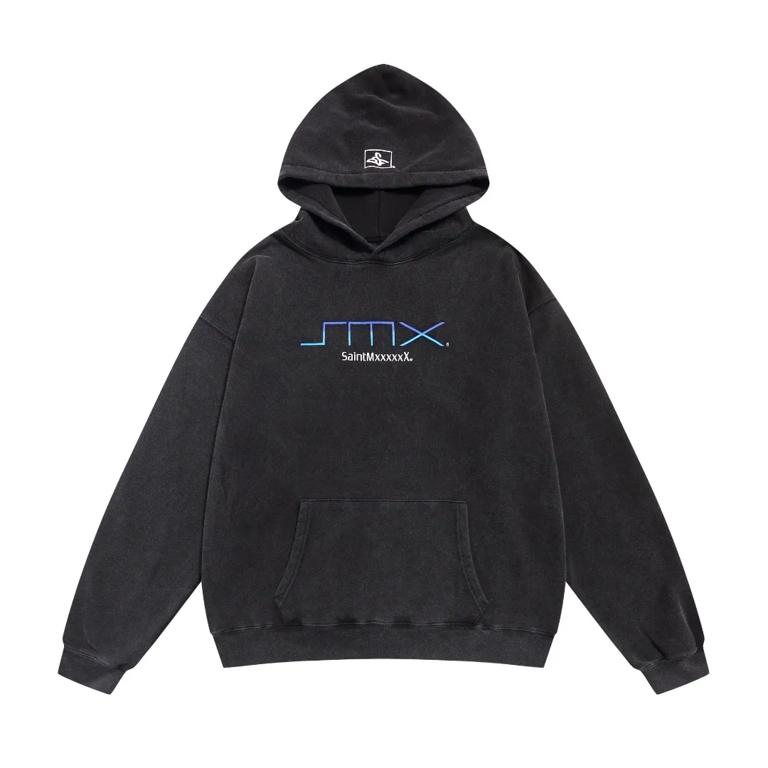 SAINT Michael ×HOODIE SMX retro lettered washed and distressed loose velvet hooded sweatshirt Fabric: 420g Style number: SM628 Size: S-M-L-XL Color: Black Price: P236